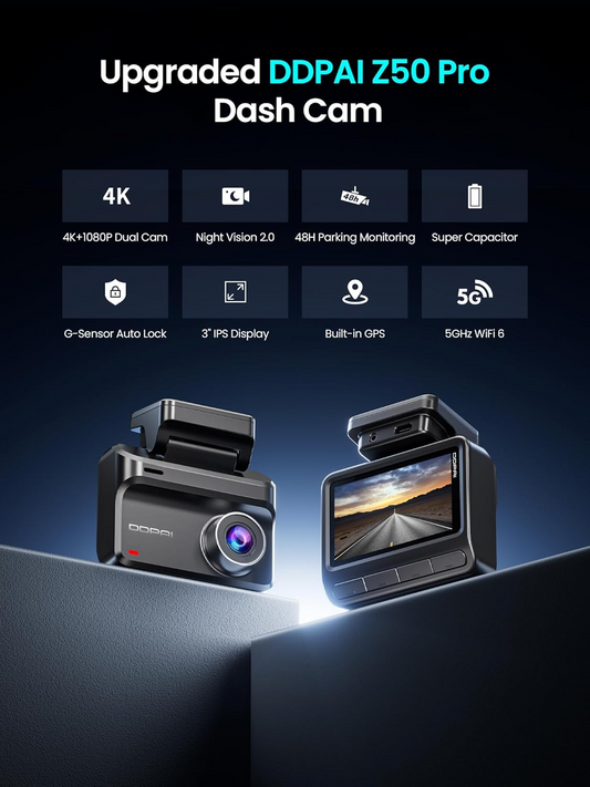 Caméra Auto Avant Arrière DDPAI Z50 Pro Dual, 4K, Wi-Fi, GPS, Écran 3 pouces