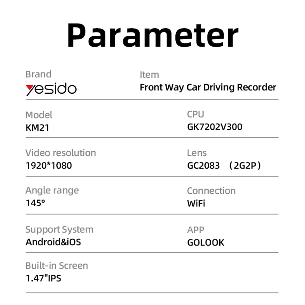 Caméra Auto Yesido KM21, 1080P, Wi-Fi, Affichage 1.47 pouces