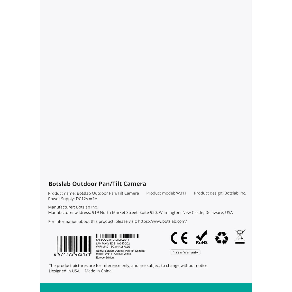 Caméra de surveillance Botslab W311, Wi-Fi, 2K, IP66, extérieur