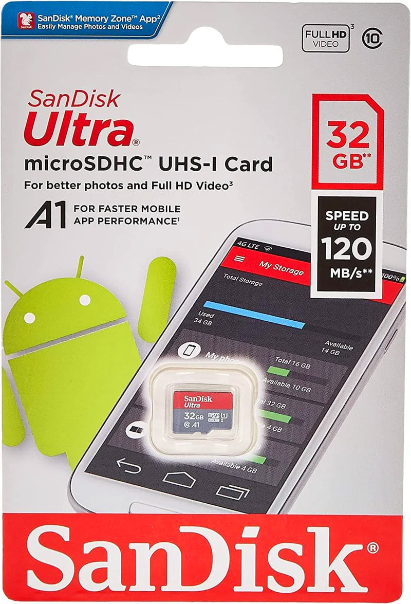SanDisk Ultra Android A1 microSDHC Speicherkarte, 32Gb, Klasse 10 / UHS-1 U1 SDSQUA4-032G-GN6MN