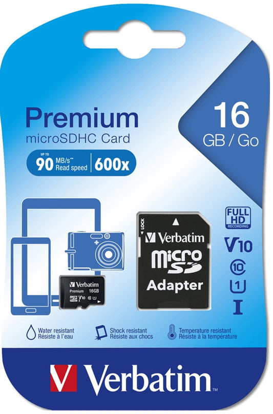 Verbatim microSDHC Speicherkarte, 16Gb, Klasse 10 / UHS-1 U1, mit Adapter