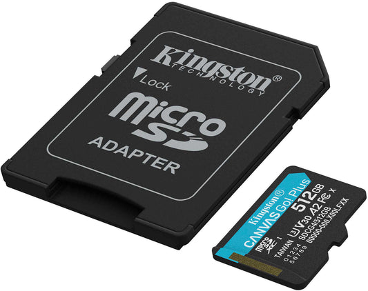 Carte mémoire microSDXC Kingston Canvas Go Plus Android A2, 512Go, Classe 10 / UHS-1 U3, Avec Adaptateur SDCG4/512GB