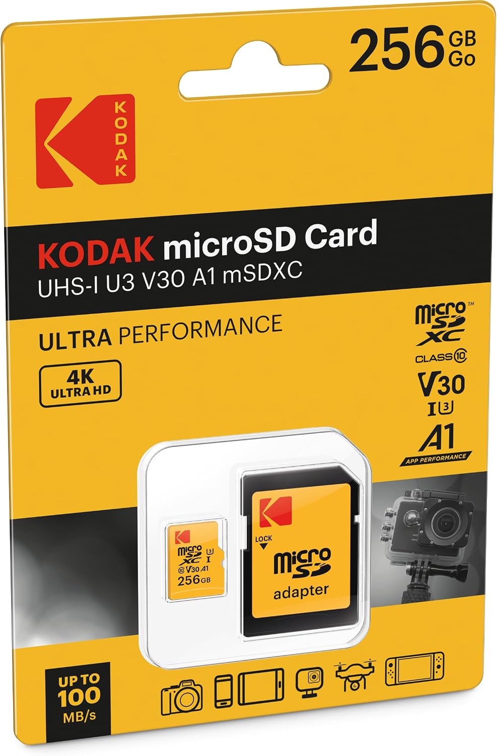 microSDXC Speicherkarte Kodak Ultra Performance, 256GB, Klasse 10 / UHS-1 U3, mit Adapter EKMSDM256GXC10HPRK