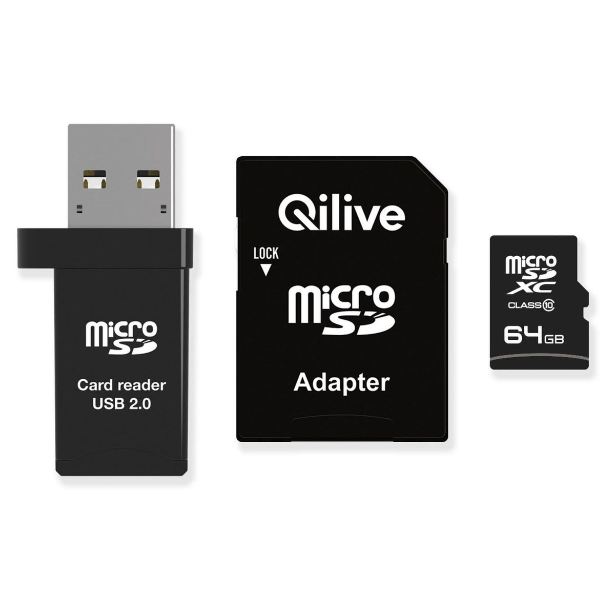 Speicherkarte microSDXC Qilive, 64Gb, Klasse 10, mit Kartenleser und Adapter EKMSDM64GXC10QL