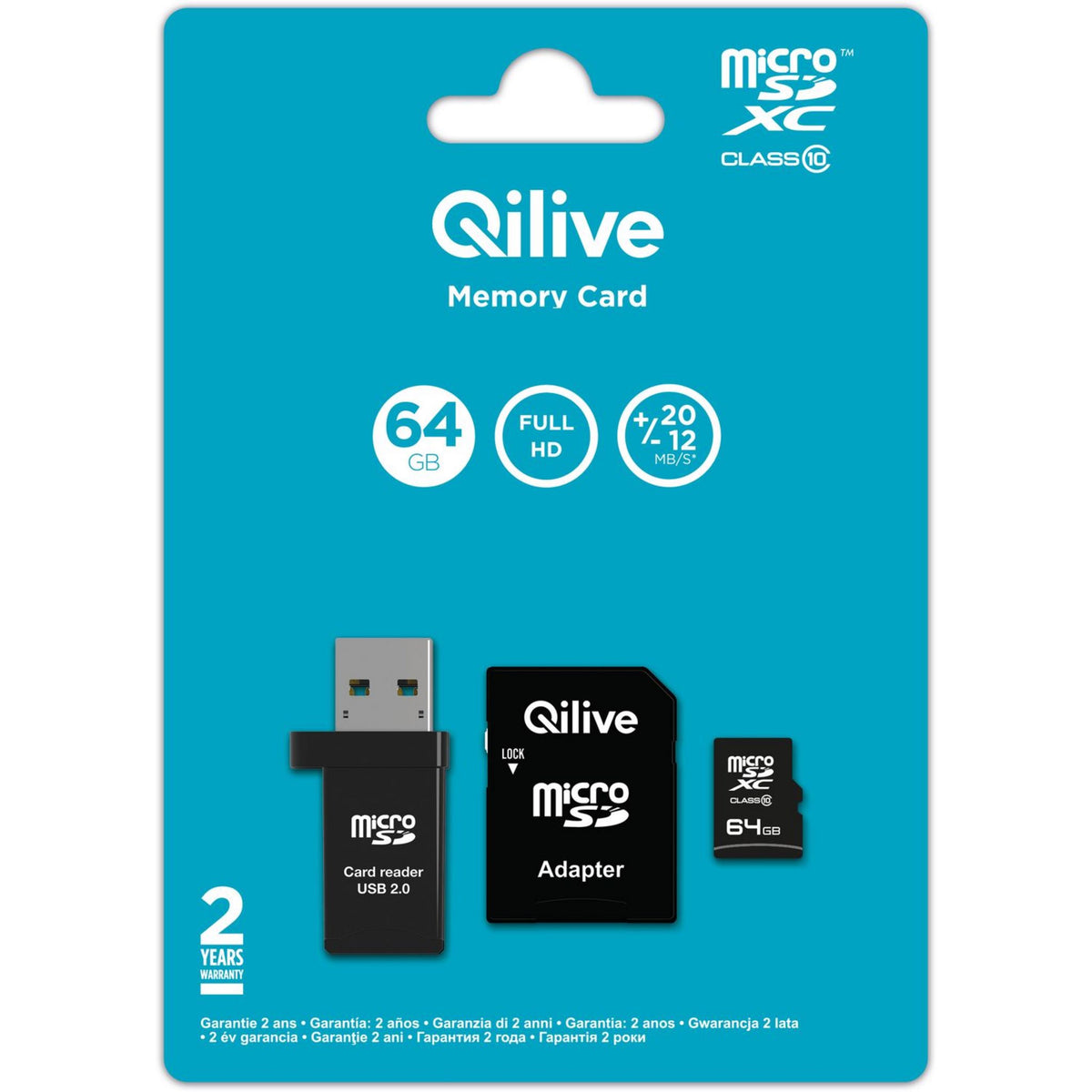 Speicherkarte microSDXC Qilive, 64Gb, Klasse 10, mit Kartenleser und Adapter EKMSDM64GXC10QL