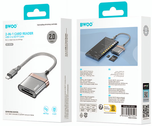 Lecteur de carte USB-C BWOO BZ64, SD - microSD, Gris