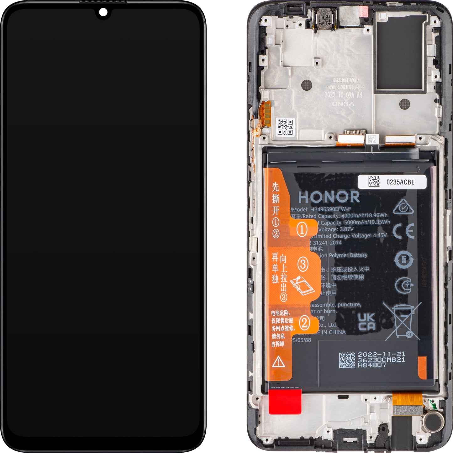 Ecran tactile Honor X7, avec cadre et batterie, noir, Service Pack 0235ACBE