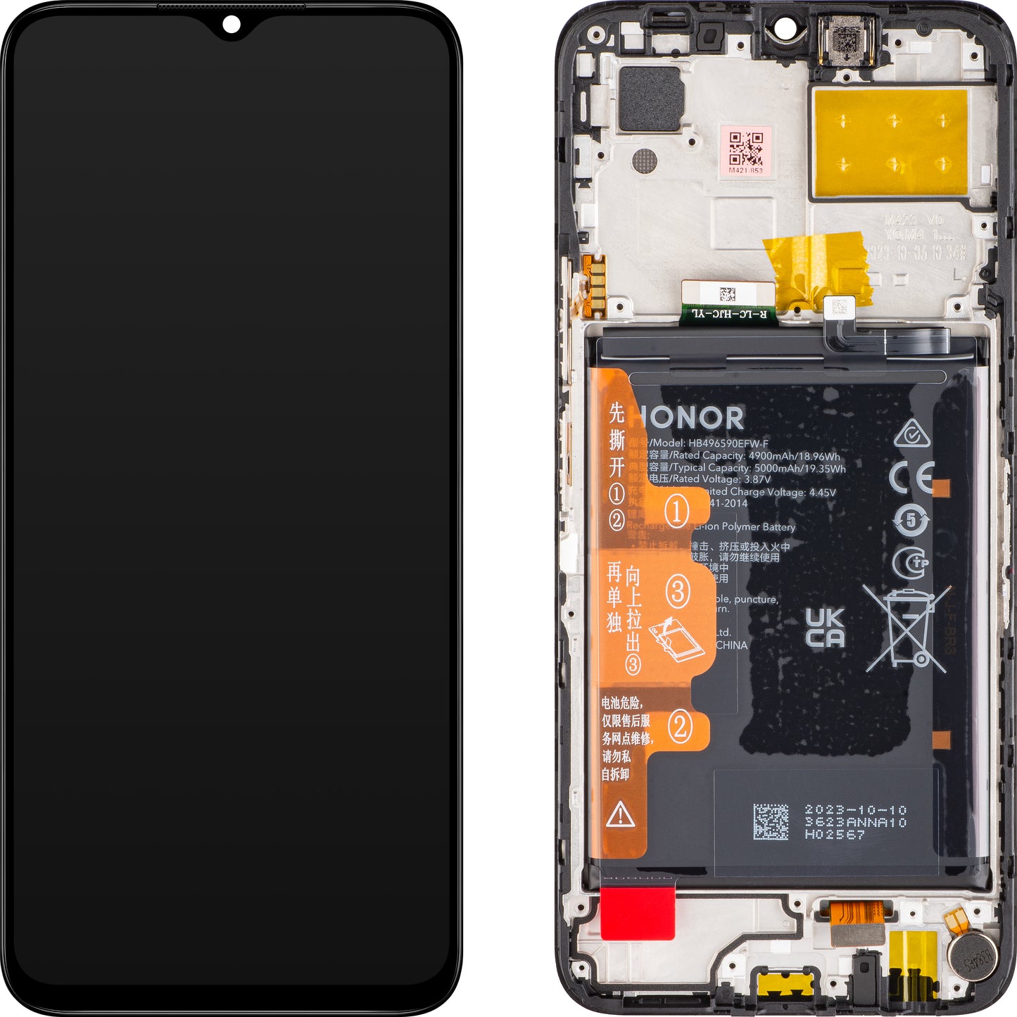 Écran tactile Honor 70 Lite, avec cadre et batterie, noir, Service Pack 0235AFJJ