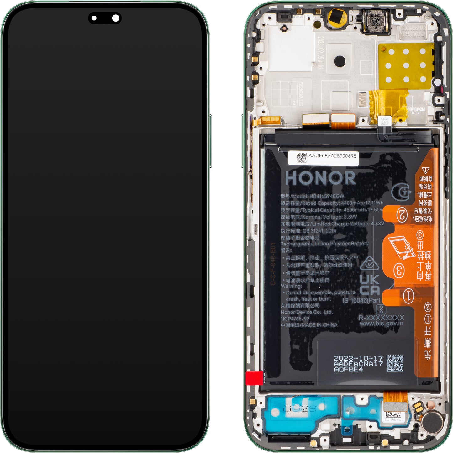 Écran tactile Honor 200 Lite / X8b, avec cadre et batterie, Vert (Glamorous Green), Service Pack 0235AHGF