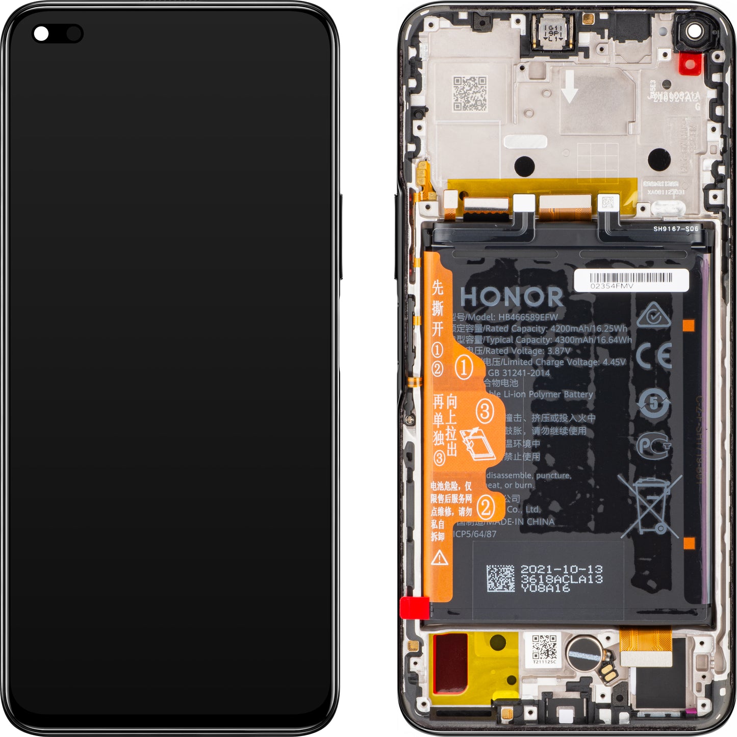 Écran tactile Honor 50 Lite, avec cadre et batterie, noir (Midnight Black), Service Pack 02354FMV