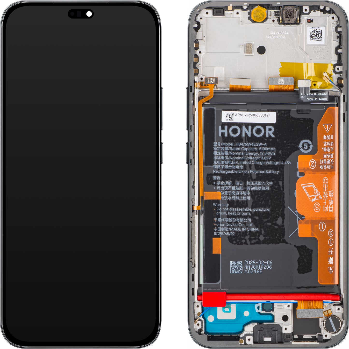 Écran tactile Honor 400 Lite avec cadre et batterie, Noir (Velvet Black), Pack de service 0235ANSY