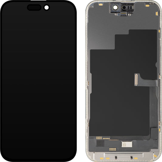 Écran avec écran tactile MP compatible avec Apple iPhone 15 Pro, avec cadre, Version OLED FHD Diagnostic, Noir