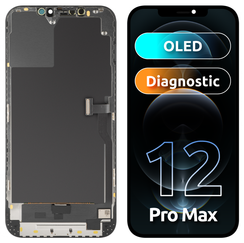 Écran avec écran tactile MP compatible avec Apple iPhone 12 Pro Max, avec cadre, Version OLED Diagnostic, Noir