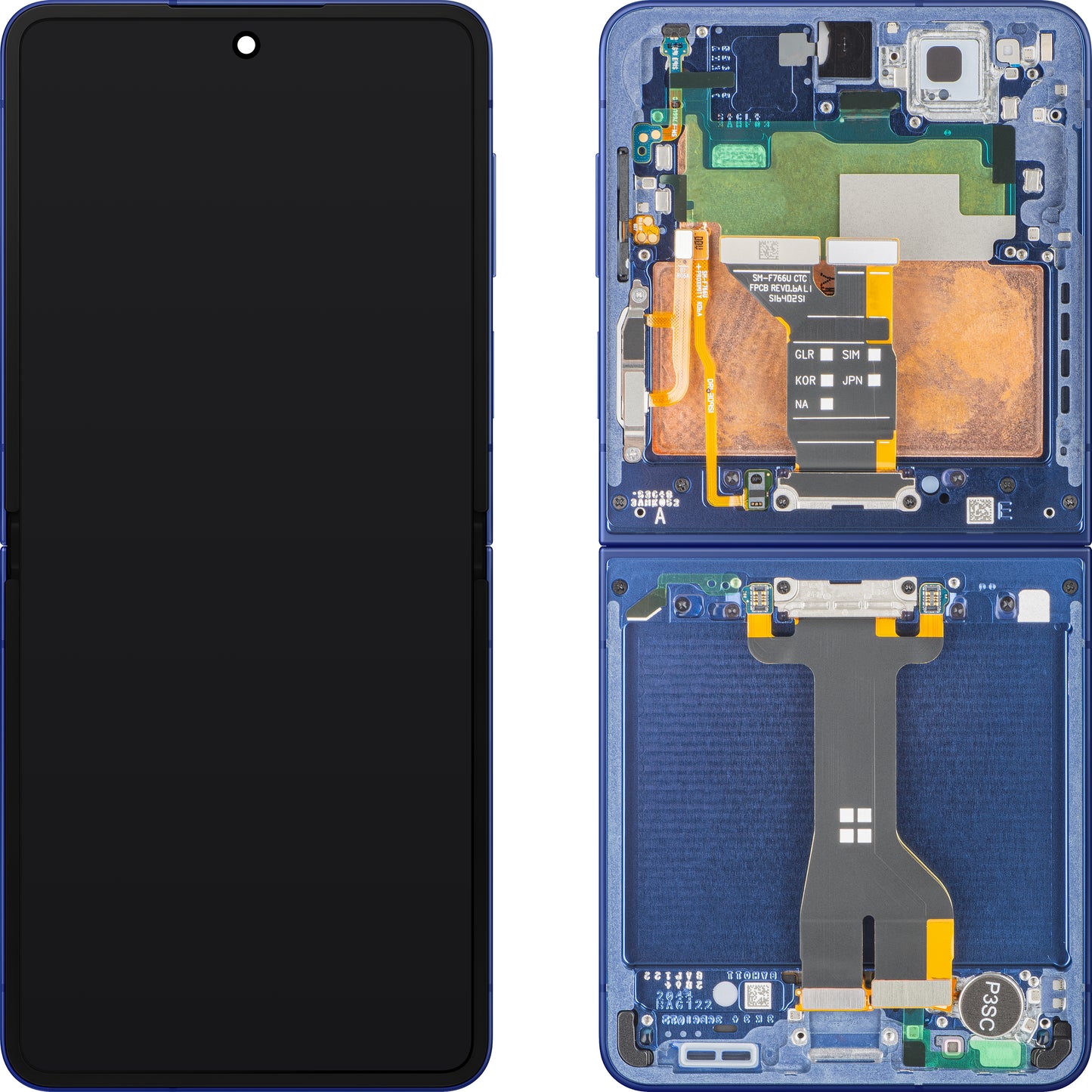 Écran tactile Samsung Galaxy Z Flip7 F766, avec cadre, sous Inner, bleu (Blue Shadow), pack de service GH82-37581A