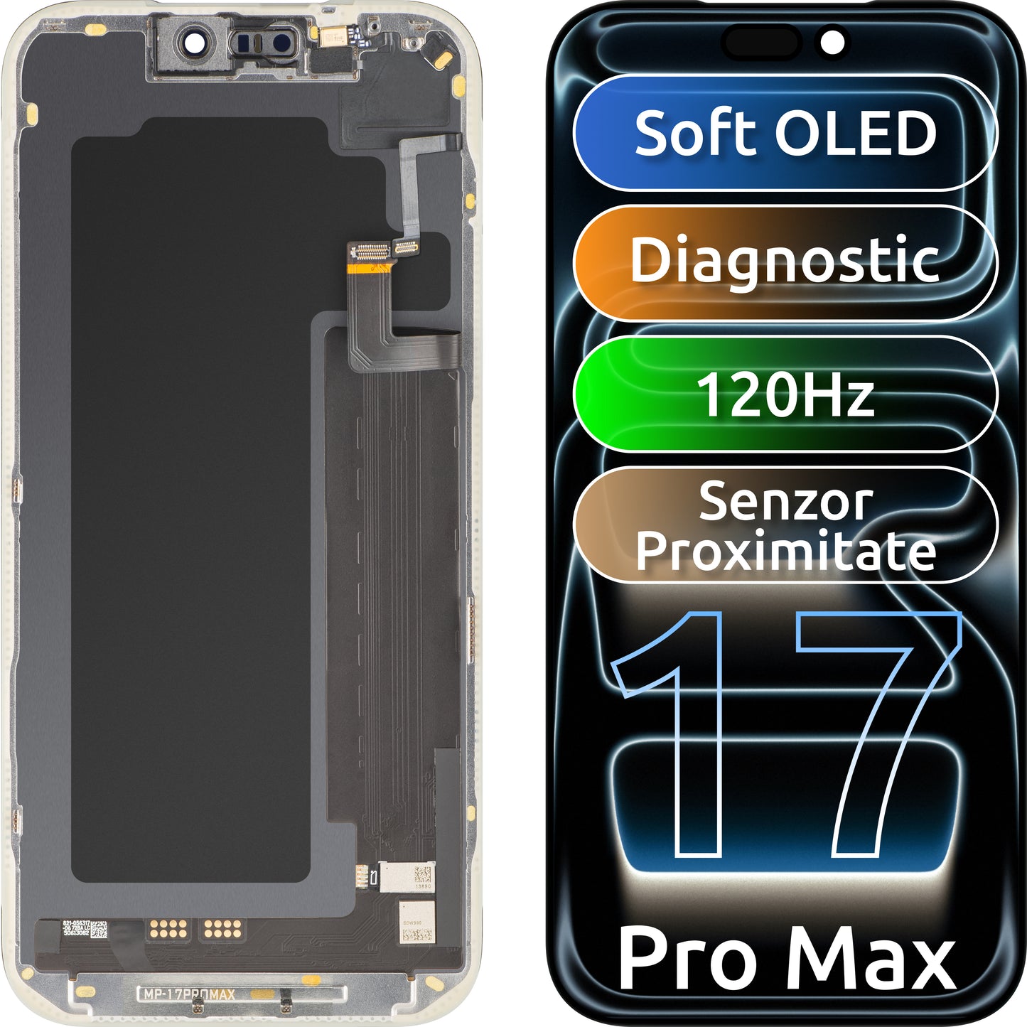 Écran avec écran tactile et capteur de proximité lumière MP compatible avec Apple iPhone 17 Pro Max, avec cadre, version logicielle OLED FHD 120Hz Diagnostic, noir