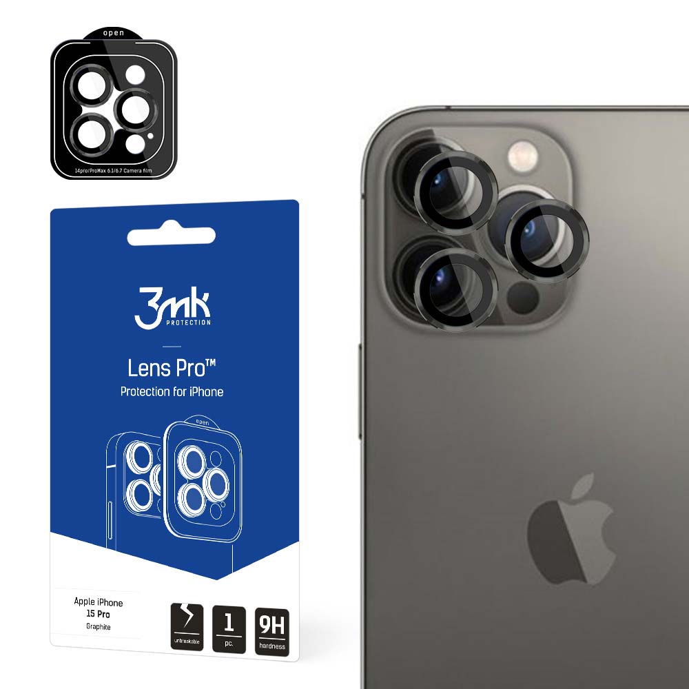 3MK Rear Camera Protection Film for Apple iPhone 15 Pro, Tempered Glass, Black