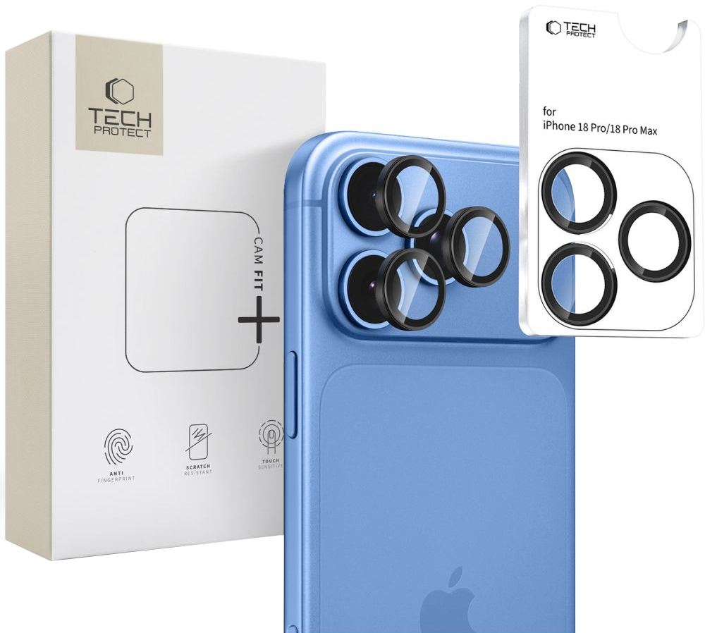 Film de protection pour caméra arrière Tech-Protect CamRing Fit+ pour Apple iPhone 18 Pro / 18 Pro Max, Verre trempé, Noir