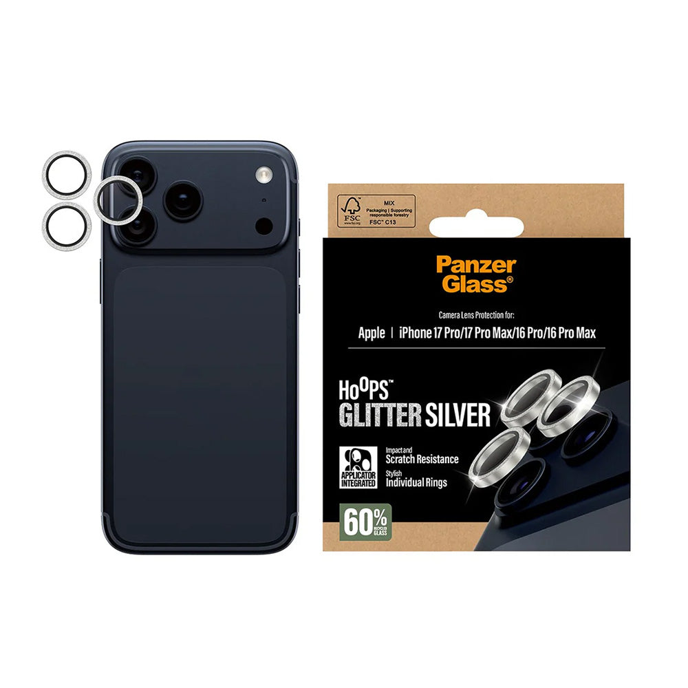 Schutzfolie PanzerGlass Hoops Glitter für die Rückkamera des Apple iPhone 17 Pro Max / 17 Pro / 16 Pro Max / 16 Pro, gehärtetes Glas, Silberfarben
