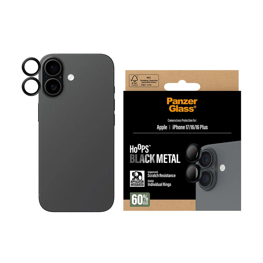 Schutzfolie PanzerGlass Hoops für die Rückkamera des Apple iPhone 17 / 16 Plus / 16, gehärtetes Glas, Schwarz