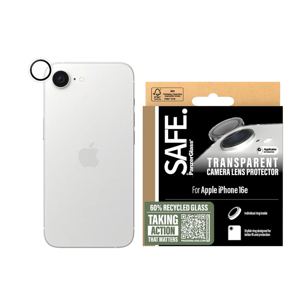 Schutzfolie PanzerGlass Safe für die Rückkamera. für Apple iPhone 16e, gehärtetes Glas, Transparent.
