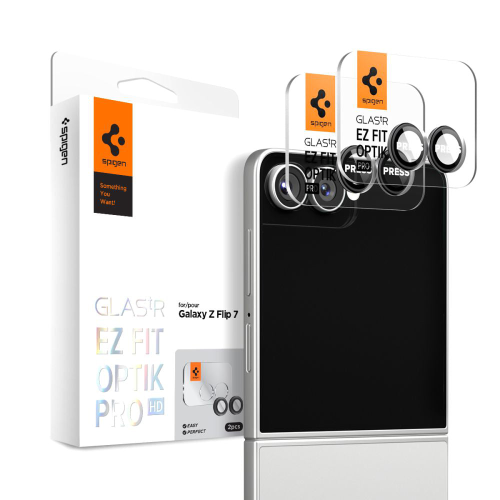 Schutzfolie für die Rückkamera Spigen GlastR EZ FIT Optik Pro HD für Samsung Galaxy Z Flip7 F766, gehärtetes Glas, Set mit 2 Stück, Schwarz AGL09587