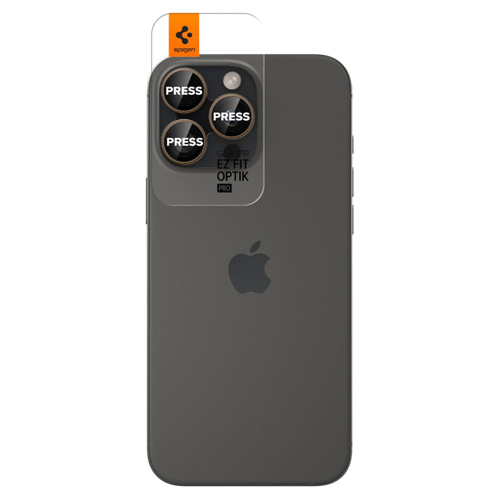 Schutzfolie für die Rückkamera Spigen GlastR EZ FIT Optik Pro für Apple iPhone 16 Pro, gehärtetes Glas, Set mit 2 Stück, Bronze AGL08862
