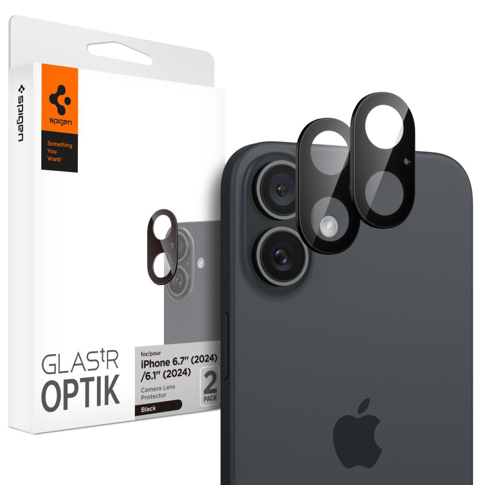 Schutzfolie Rückkamera Spigen GlastR Optik für Apple iPhone 16 Plus / 16, Gehärtetes Glas, Set 2 Stück, Schwarz AGL07922