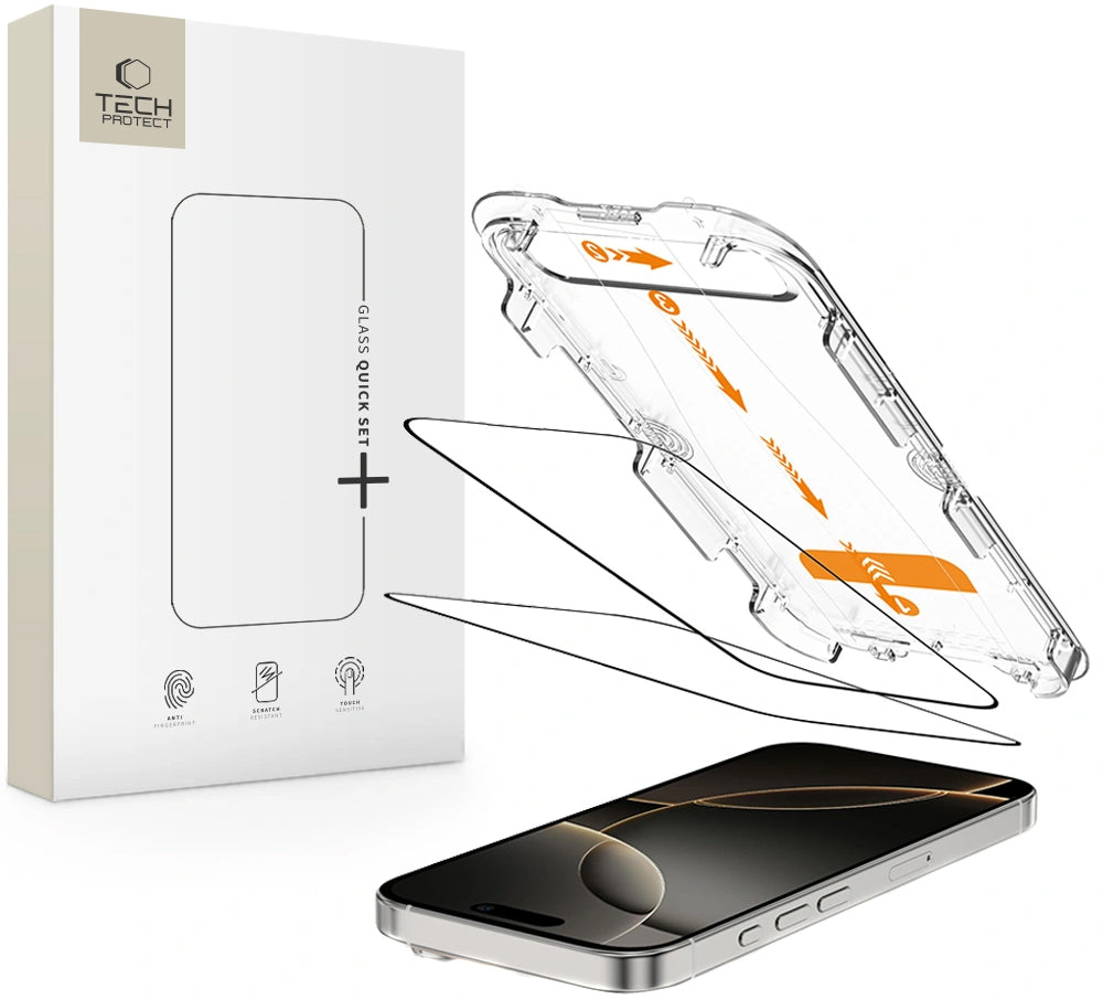 Film de protection d'écran Tech-Protect Quick Set+ pour Apple iPhone 16 Pro, Verre Trempé, Full Glue, Lot de 2 pièces, Noir
