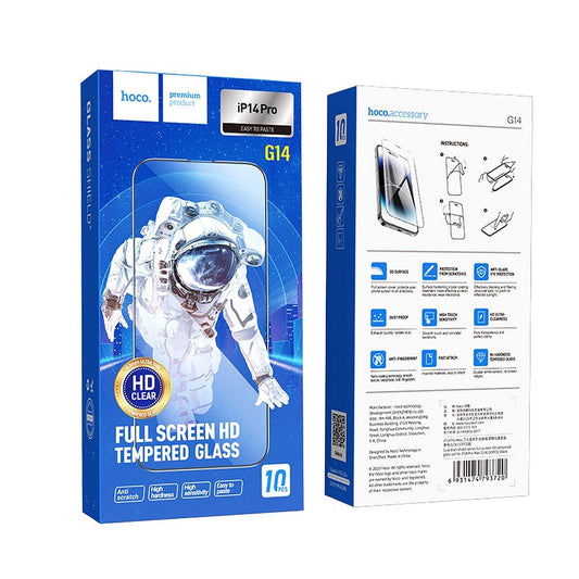 Film de protection d'écran HOCO pour Apple iPhone 14 Pro, Verre Trempé, Full Glue, Lot de 10 pièces, Noir