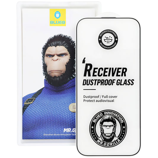 Mr Monkey Glass Receiver Protection d'écran anti-poussière pour Apple iPhone 16 Pro, Verre blindé, Full Glue, 5D, Noir