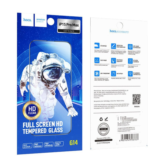Film de protection écran HOCO G14 pour Apple iPhone 15 Pro Max, Verre Trempé, Full Glue, Lot de 10 pièces, 5D, Noir