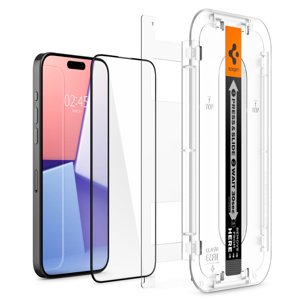 Spigen EZ FIT Film de protection d'écran pour Apple iPhone 15, verre blindé, collage intégral, 2.5D, compatible avec les boîtiers, noir AGL06908 AGL06908