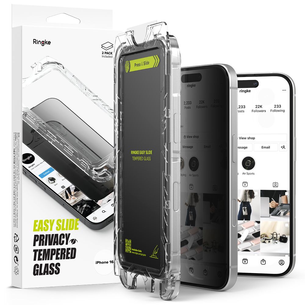 Ringke Easy Slide Privacy Screen Protector for Apple iPhone 16 / 15, Tempered Glass, Full Glue, Set of 2 Pieces