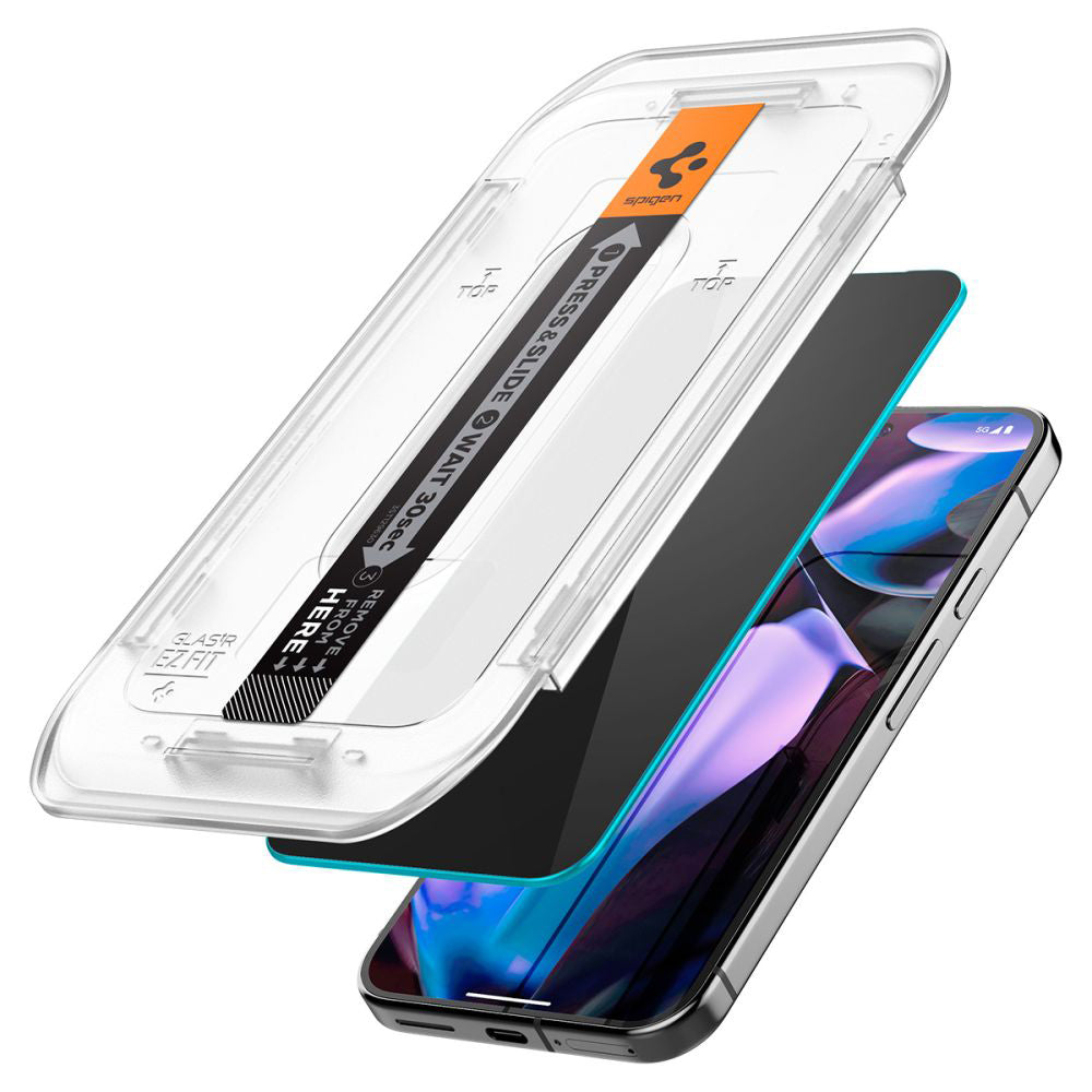 Film de protection d'écran Privacy Spigen GlastR EZ FIT pour Google Pixel 9 / 9 Pro, Verre trempé, Collage complet, Lot de 2 pièces
