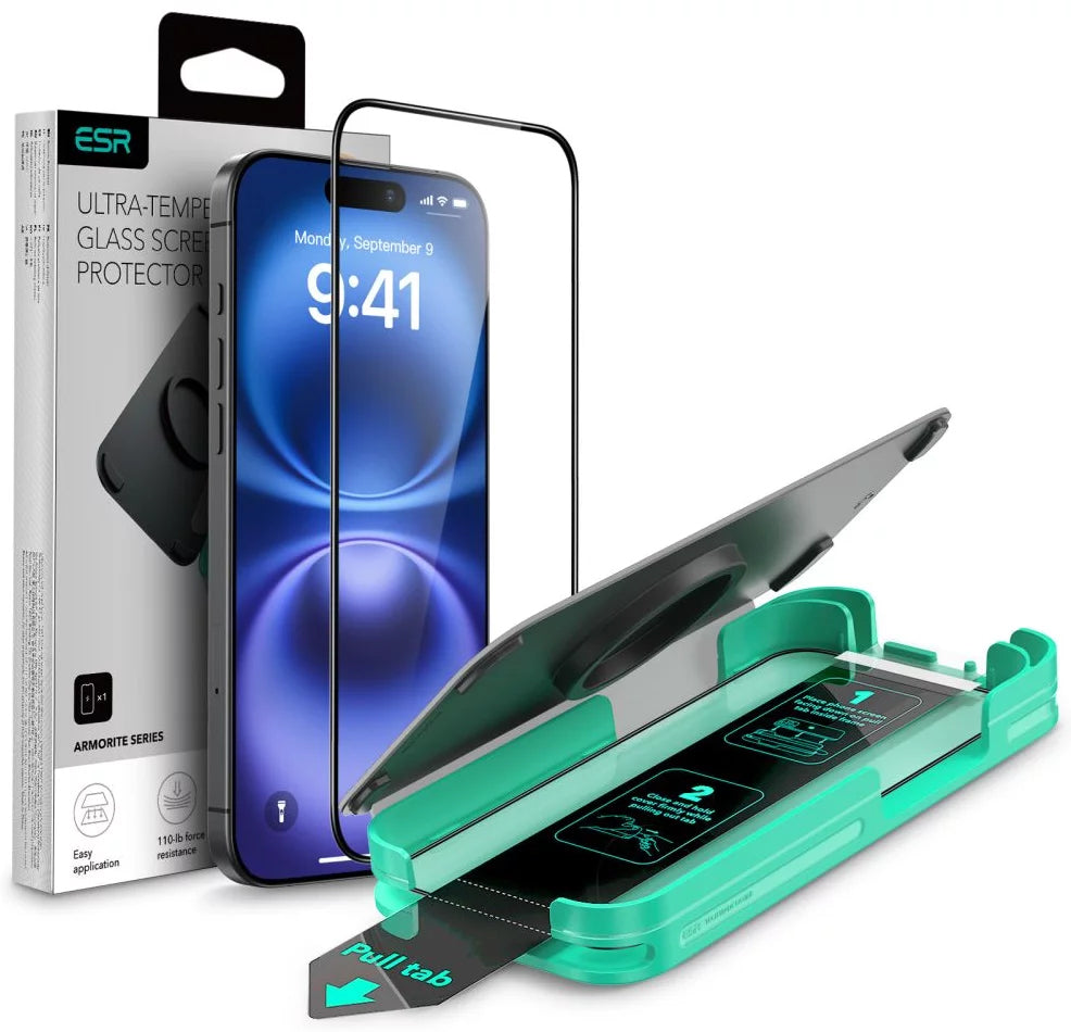 Film de protection d'écran ESR Armorite pour Apple iPhone 16 Pro Max, Verre Trempé, Full Glue, Noir