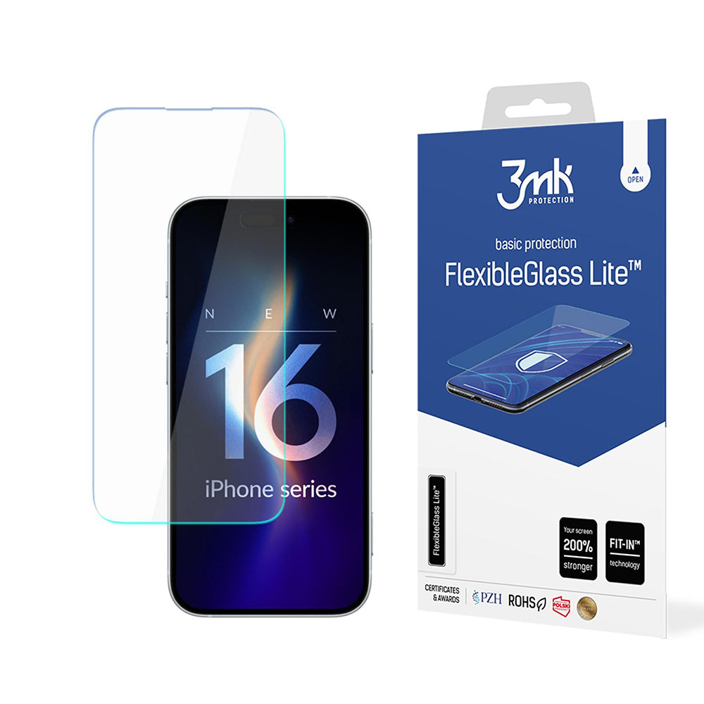 Film de protection d'écran 3MK FlexibleGlass Lite pour Apple iPhone 16, Verre Flexible, Collage Complet