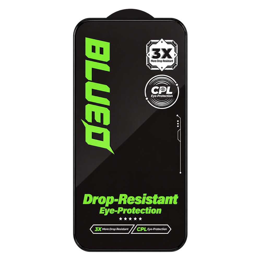Blueo Drop Resistant Displayschutzfolie für Apple iPhone 18 Pro / 17 Pro / 17 / 16 Pro, gehärtetes Glas, vollflächig klebend, schwarz