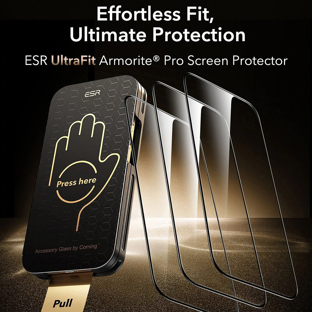 ESR Corning UltraFit Screen Protector for Apple iPhone 17 / 16 Pro, Tempered Glass, Full Glue, Set of 3 Pieces, Black