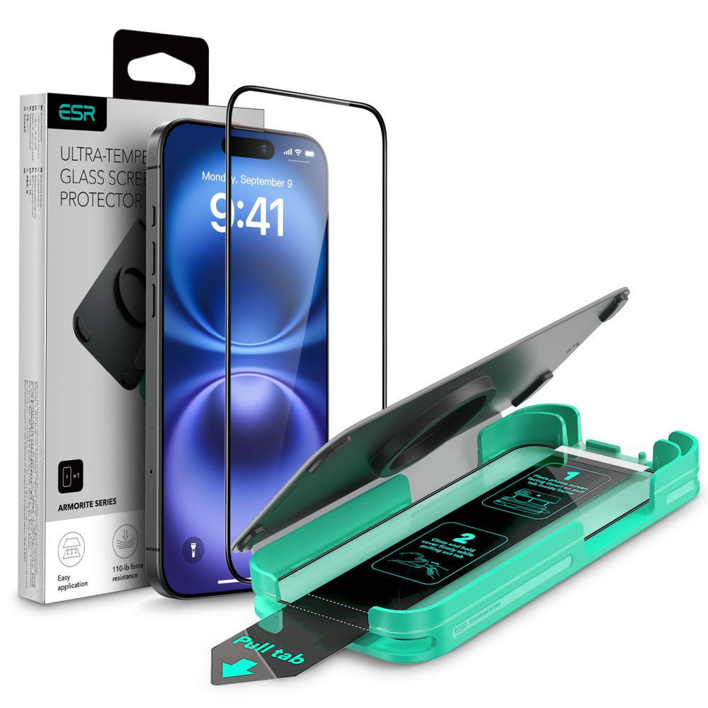 Film de protection d'écran ESR Armorite pour Apple iPhone 16 Plus / 15 Plus, Verre Trempé, Full Glue, Noir