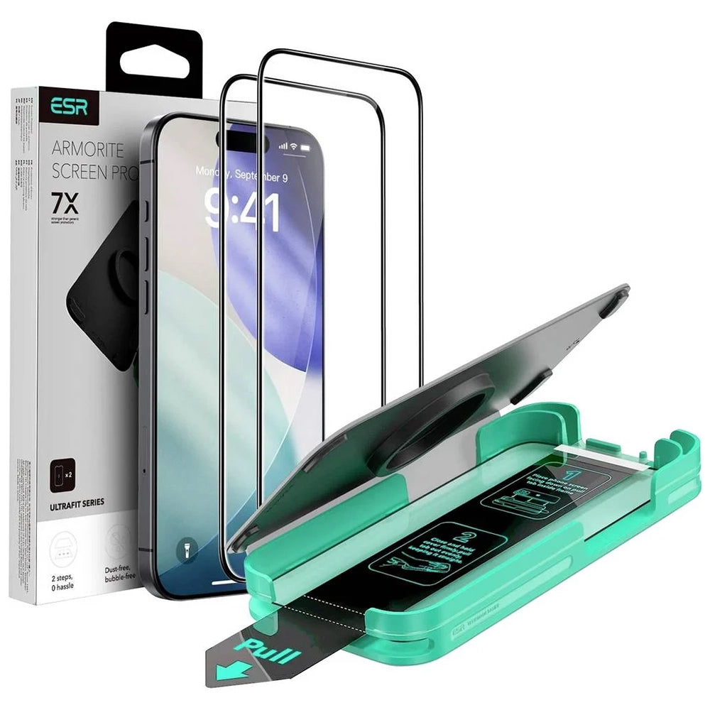 Film de protection écran ESR Armorite UltraFit pour Apple iPhone 17 / 16 Pro, Verre Trempé, Full Glue, Lot de 2 pièces, Noir