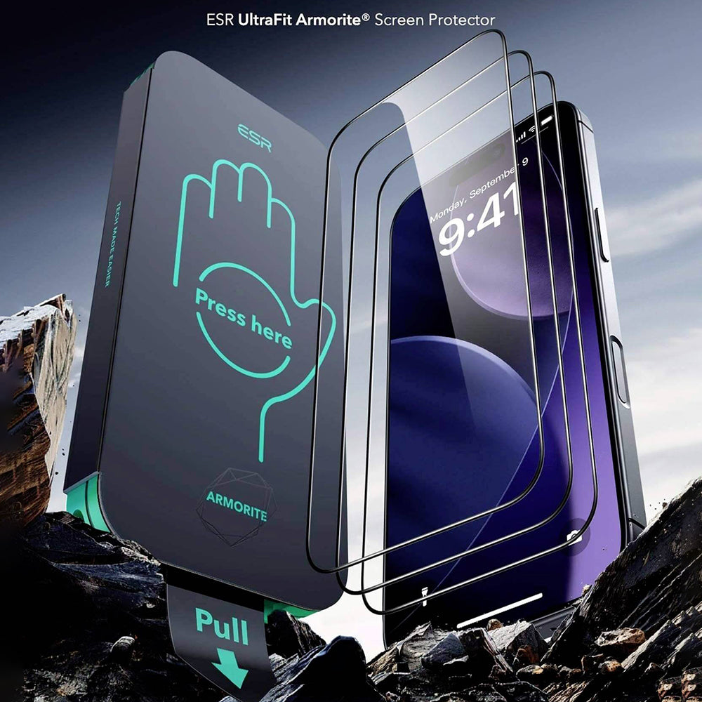Film de protection écran ESR Armorite UltraFit pour Apple iPhone 17 / 16 Pro, Verre Trempé, Full Glue, Lot de 2 pièces, Noir
