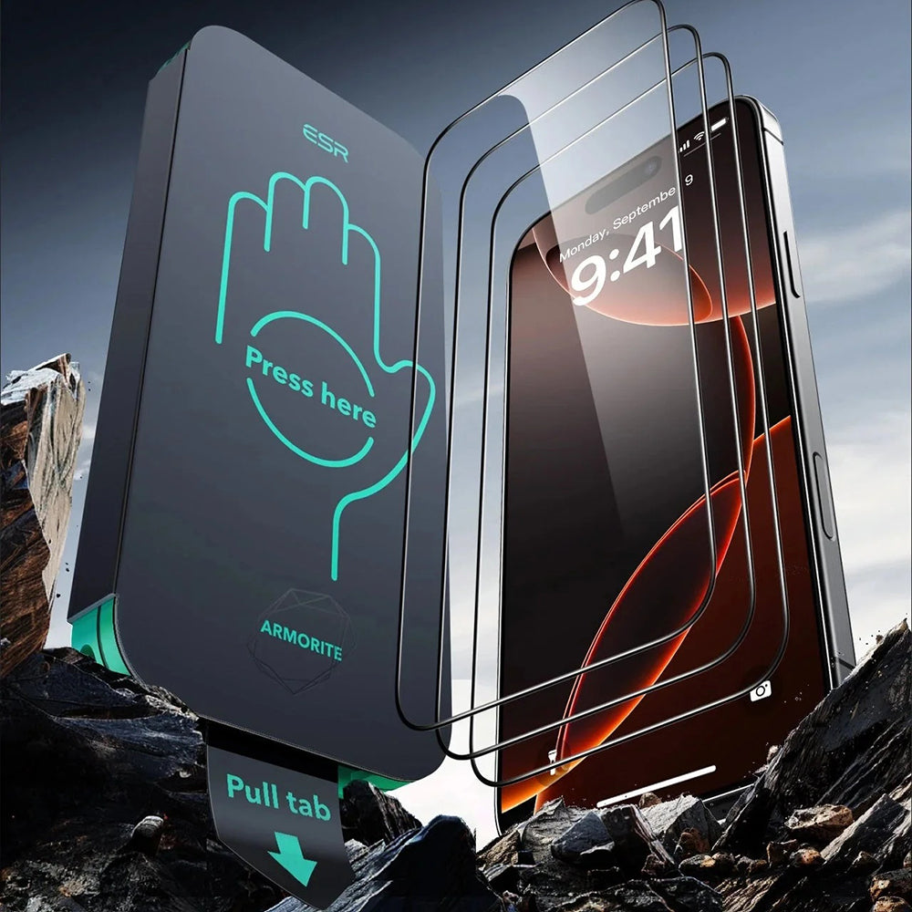 Film de protection d'écran ESR Armorite UltraFit pour Apple iPhone 17 Pro, Verre Trempé, Full Glue, Lot de 3 pièces, Noir