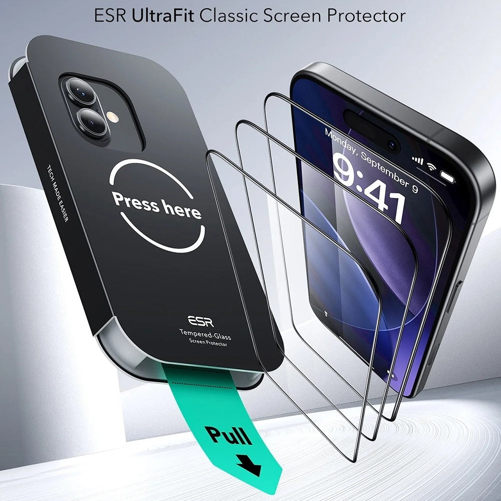 Schutzfolie ESR UltraFit für Apple iPhone 17 / 16 Pro, gehärtetes Glas, Full Glue, Set mit 3 Stück.