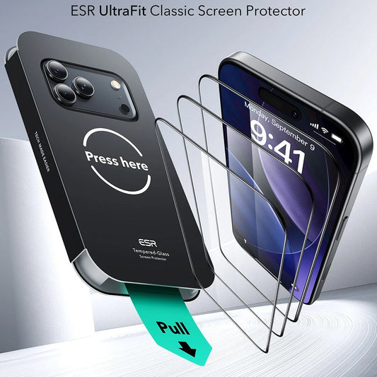 Film de protection d'écran ESR UltraFit pour Apple iPhone 18 Pro Max / 17 Pro Max, Verre trempé, Collage intégral, Lot de 3 pièces, Noir