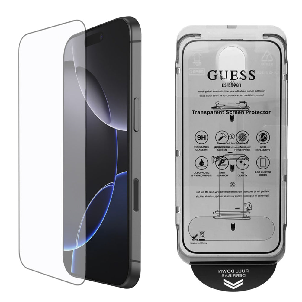 Displayschutzfolie Guess Classic Outline für Apple iPhone 16 Pro, Gehärtetes Glas, Vollverklebung, 2.5D, Schwarz