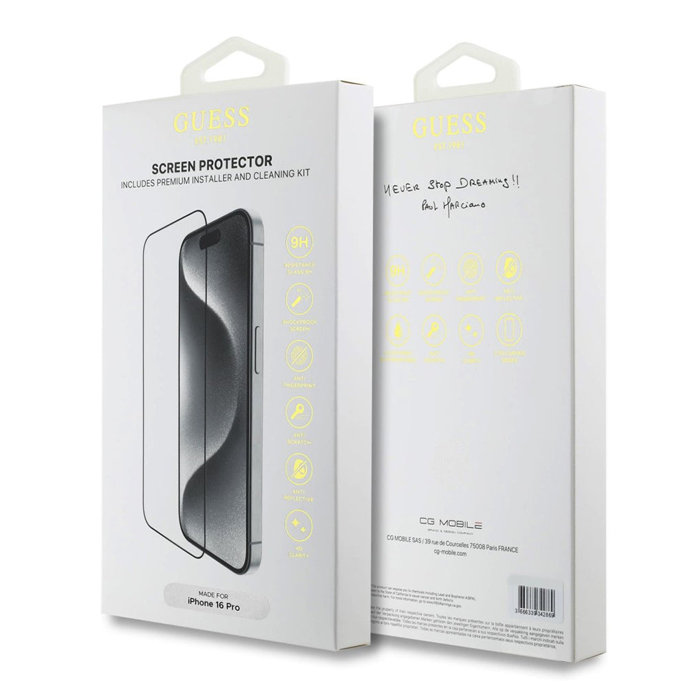 Displayschutzfolie Guess Classic Outline für Apple iPhone 16 Pro, Gehärtetes Glas, Vollverklebung, 2.5D, Schwarz