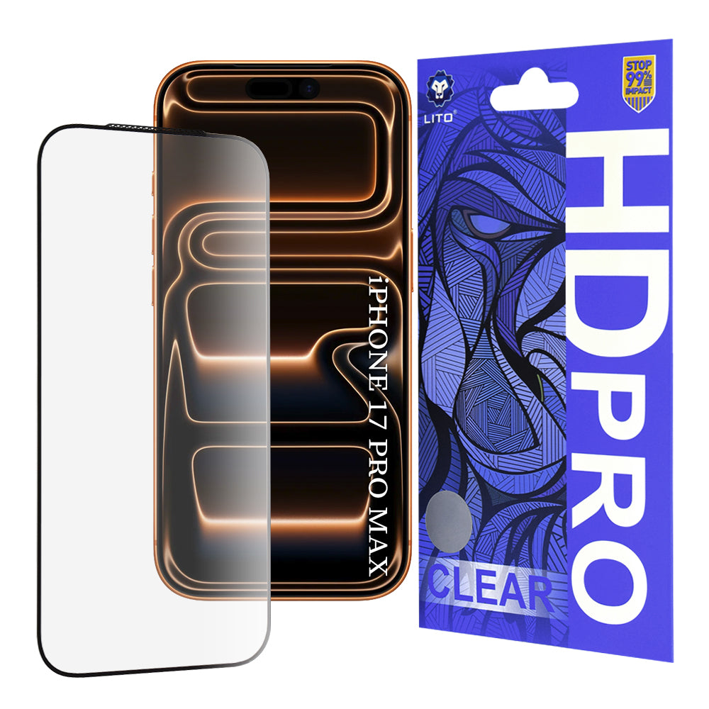 Schutzfolie Lito HD Pro Clear für Apple iPhone 17 Pro Max, gehärtetes Glas, vollflächiger Kleber, Schwarz