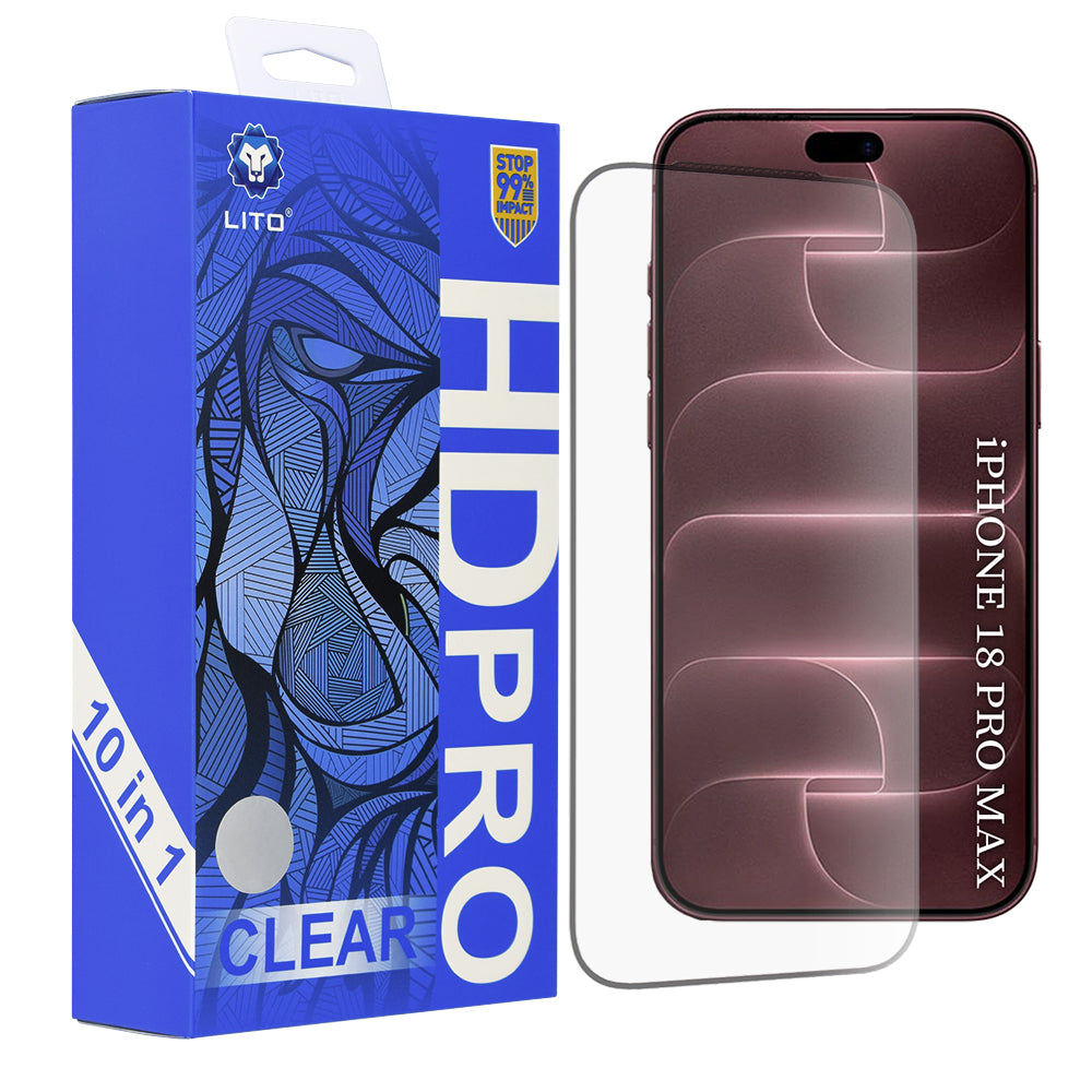 Protection d’écran Lito HD Pro pour Apple iPhone 18 Pro Max / 17 Pro Max, verre trempé, adhésif intégral, lot de 10, noir