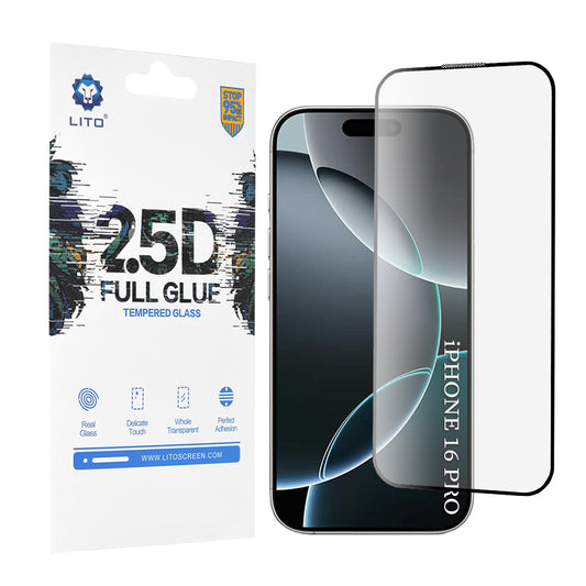 Film de protection d'écran Lito pour Apple iPhone 17 / 16 Pro, Verre Trempé, Full Glue, 2.5D, Noir