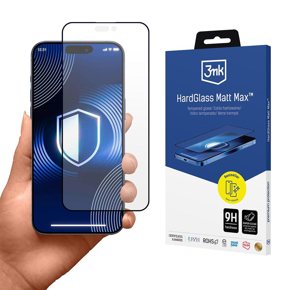Film de protection d'écran mat 3MK HardGlass Max pour Apple iPhone 17 Pro Max, Verre Trempé, Full Glue, Noir